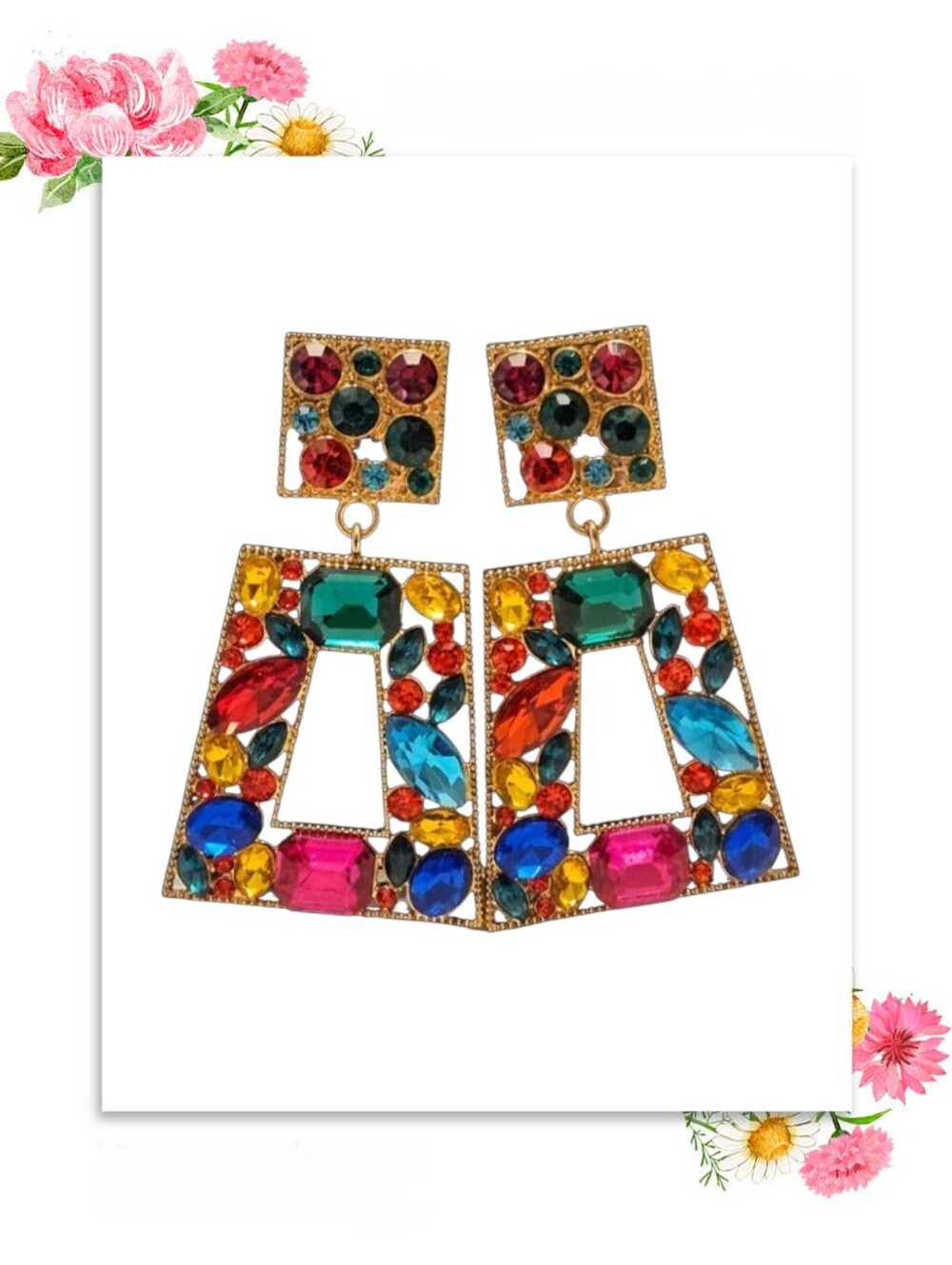 🐞 3/$8 Gold Tone Multicolor Rhinestone Statement Earrings